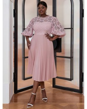 (pink, 2XL) AOMEI Elegant Women Formal Evening Party Dresses for Women Pink Lace Half Lantern Sleeve Hollow Out A-Line Pleated Gowns Slim Celebration