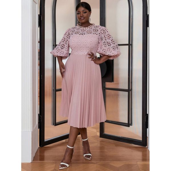 (pink, 2XL) AOMEI Elegant Women Formal Evening Party Dresses for Women Pink Lace Half Lantern Sleeve Hollow Out A-Line Pleated Gowns Slim Celebration