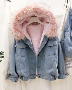 (pink, L) velvet thick denim jacket female winter big faux fur collar Korea denim coat female student short coat