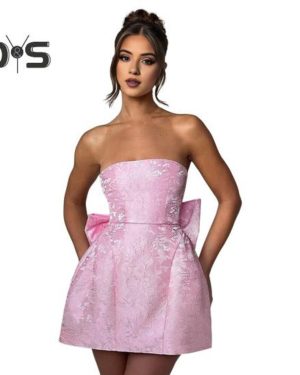 (pink, M) Women Evening Dress Big Bow Decor Bandeau Off Shoulder Floral Texture Sleeveless Lace-up A-line Backless Prom Cocktail Party Ball Gown Summe