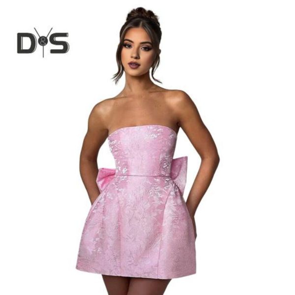(pink, M) Women Evening Dress Big Bow Decor Bandeau Off Shoulder Floral Texture Sleeveless Lace-up A-line Backless Prom Cocktail Party Ball Gown Summe