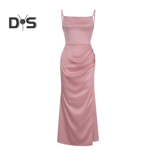 (pink, XL) Women's Satin Bodycon Dress Spaghetti Strap Side Slip Long Dress Cowl Neck Sexy Club Midi Dresses for Evening Birthday Party Weddings