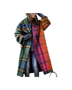 (plaid, l) Women's Long Sleeve Lapel Fashion Coat Plaid Wool Long Coat