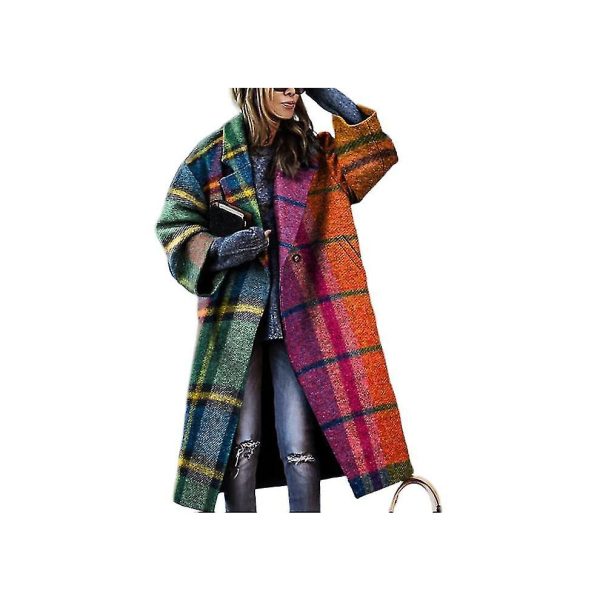 (plaid, l) Women's Long Sleeve Lapel Fashion Coat Plaid Wool Long Coat