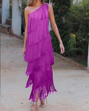 (purple, Extra Large) "2024 Spring/Summer Tassel Asymmetric Evening Dress"