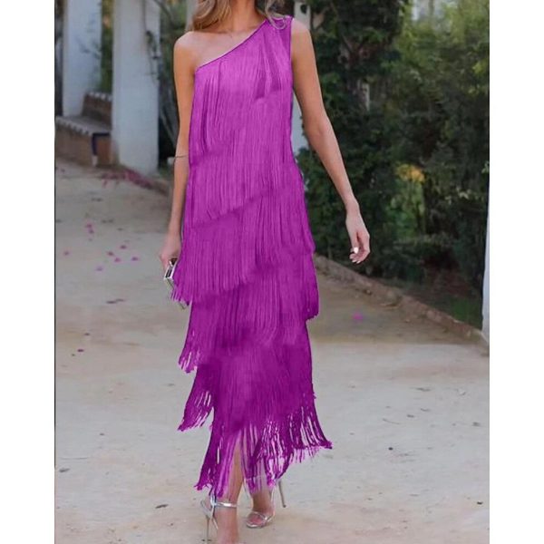 (purple, Extra Large) "2024 Spring/Summer Tassel Asymmetric Evening Dress"