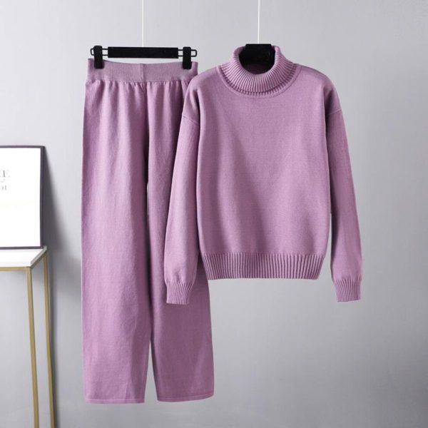 (purple, OneSize) Autumn Winter Women High Neck Solid Color Versatile Outwear Knit Top Casual Pants Two Piece Set