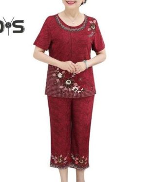 (red, 2XL) 2Pcs/Set Grandma T shirt Pants Suit Summer Short Sleeve O Neck Elegant Flower Print Breathable High Elastic Elderly Women Mom Top Cropped T