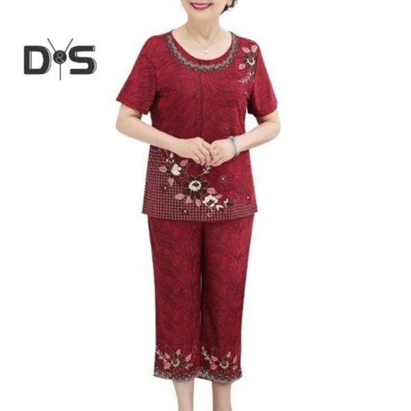 (red, 2XL) 2Pcs/Set Grandma T shirt Pants Suit Summer Short Sleeve O Neck Elegant Flower Print Breathable High Elastic Elderly Women Mom Top Cropped T