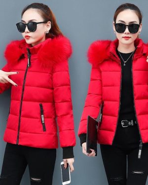 (red, 2XL) Winter New Short Cotton Coat Slim Fit Thickened Large Wool Collar Cotton Coat Down Jackets