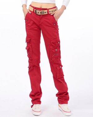 (red, 38) Women Straight Multi-pocket Cargo Pants Denim Overalls Ladies Fashion Workout Joggers Baggy Pants Loose Straight Trousers