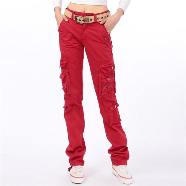 (red, 38) Women Straight Multi-pocket Cargo Pants Denim Overalls Ladies Fashion Workout Joggers Baggy Pants Loose Straight Trousers