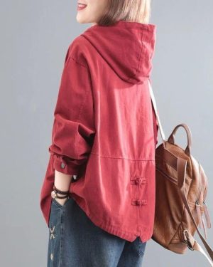 (red, 3XL) Hooded Denim Jacket Women's Casual Clothing Spring Autumn Loose Fit Cropped Work Jacket