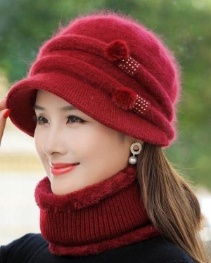 (red, 55cm-58cm) New Women Winter Hat Keep Warm Mom Cap Add Fur Lined Warm Set Hat For Female Casual Rabbit Fur Bucket Knitted Hat