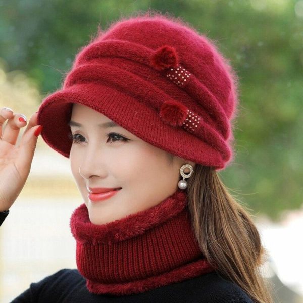 (red, 55cm-58cm) New Women Winter Hat Keep Warm Mom Cap Add Fur Lined Warm Set Hat For Female Casual Rabbit Fur Bucket Knitted Hat
