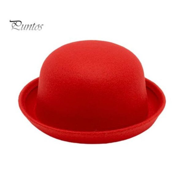 (red) Flat-top Fedora Hat Pure Color Imitation Wool Jazz Hat Unisex Japanese Style Wide Brim Ladies Round Hat Parties Cosplay Bowler Hat