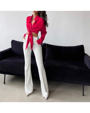 (red, L) Ladies Solid Color Lace Up Crop Tops Autumn New Fashionable Polo Collar Long Sleeve Leaky Navel Shirt Short Women's Blouse Top