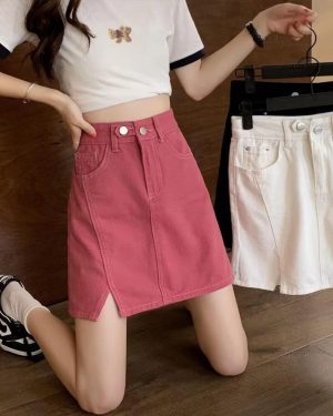 (red, M) "High Waist A-Line Denim Skirt for Slim and Pear-Shaped Women - Versatile, Large Size, Summer Style"