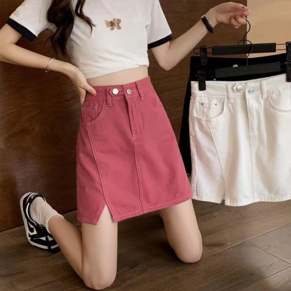 (red, M) "High Waist A-Line Denim Skirt for Slim and Pear-Shaped Women - Versatile, Large Size, Summer Style"