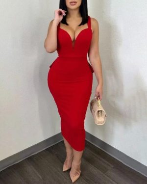 (red, M) K2868 European & American Backless Deep V Solid Color Dress with Bow and Slit