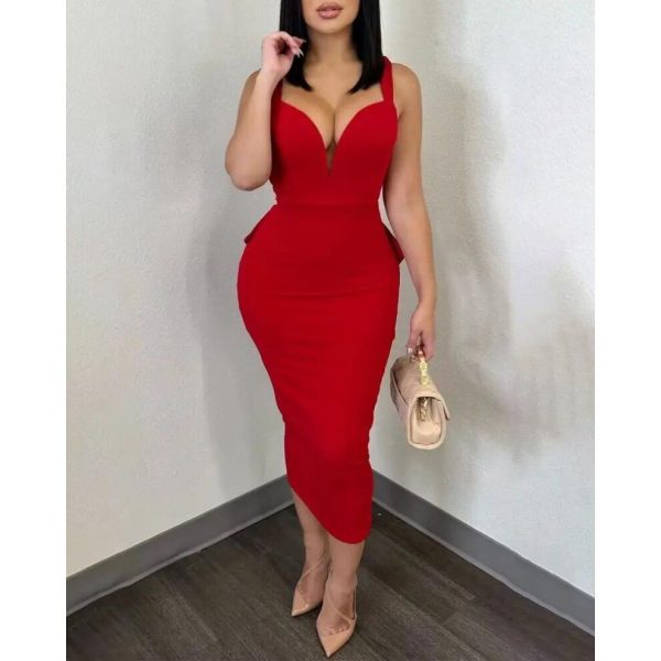 (red, M) K2868 European & American Backless Deep V Solid Color Dress with Bow and Slit