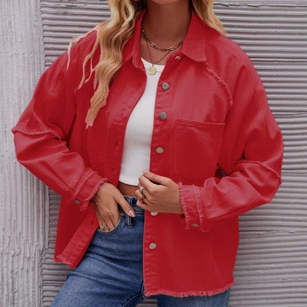 (red, M) YYFS Women's Fashion Denim Casual Autumn Winter Solid Color Print Long Sleeve POLO Neck Blouses & Shirts Top Jacket