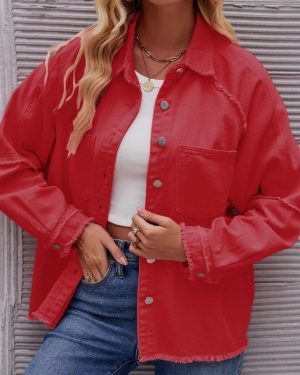 (red, M) YYFS Women's Fashion Denim Casual Autumn Winter Solid Color Print Long Sleeve POLO Neck Blouses & Shirts Top Jacket