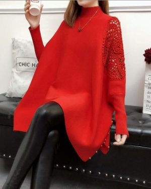 (red, One Size) 2022 Autumn And Winter New Loose Sweater Coat Women's Half-high Collar Pullover Wrap Swing Beading
