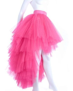 (red, One Size) Top Quality Women Ruffles Fashion Asymmetrical High Long Waist Mesh Tutu Tulle Midi Skirt White Pink Women