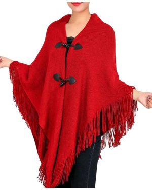 (red, One Size) Women's Fashion Autumn/winter Thick Tassel Cape Horn Buckle Solid Color Cape Coat