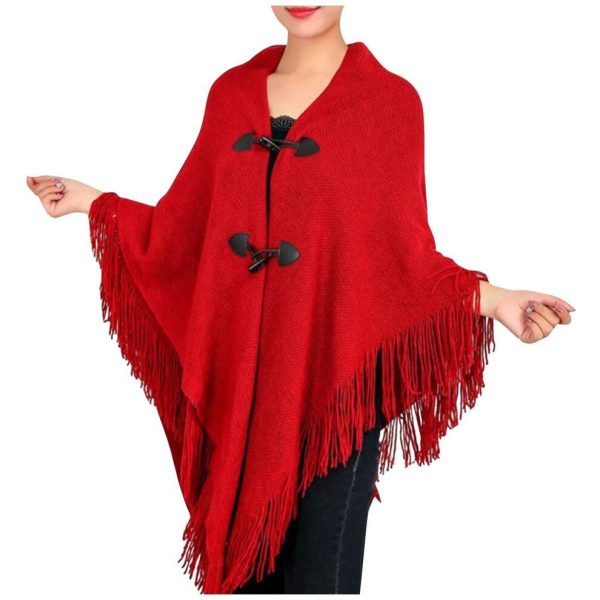 (red, One Size) Women's Fashion Autumn/winter Thick Tassel Cape Horn Buckle Solid Color Cape Coat