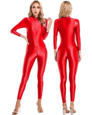 (red, One Size) Women's Shiny Zipper Catsuit One Piece High Neck Long Sleeves Bodysuit Leotard