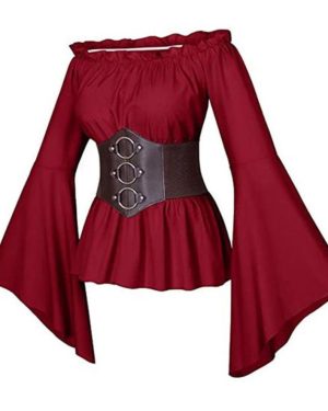 (red, S) Women Top with Corset Medieval Pirate Off Shoulder Irregular Flared Sleeves Blouse Petal Hem Festival Performance Cosplay Costume