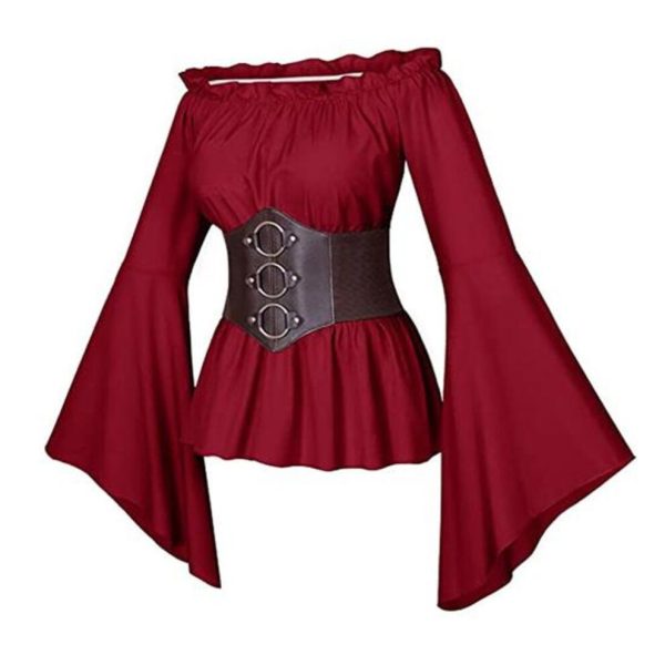 (red, S) Women Top with Corset Medieval Pirate Off Shoulder Irregular Flared Sleeves Blouse Petal Hem Festival Performance Cosplay Costume
