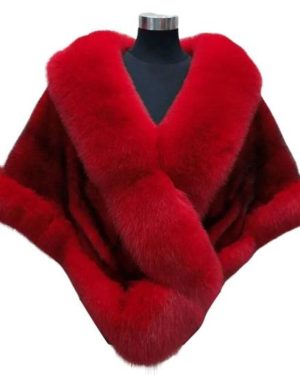 (red) Thickened Warm Mink Fox Fluffy Cape Coat Solid Color Women Winter Faux Fur Shawl