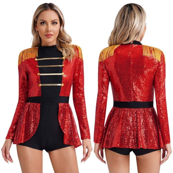 (red, XL) Halloween Carnival Theme Party Circus Ringmaster Costume Cosplay Jumpsuit Role Play Long Sleeve Velvet Fringed Bodysuit