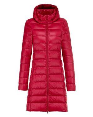 (red, XXXXXL) Women Winter Long Puffer Coat Detachable Hood Lightweight Coat Invisible Zipper Casual Coat Portable Outwear with Bag