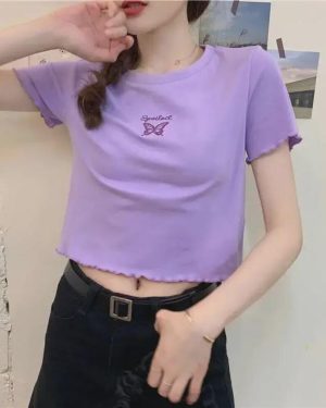 (violet, S) "2025 Women's Slim Fit High-Waist Butterfly Embroidered Crop Top"