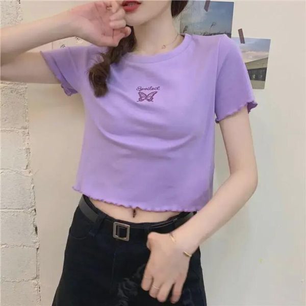 (violet, S) "2025 Women's Slim Fit High-Waist Butterfly Embroidered Crop Top"