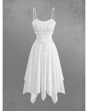 (white, 2XL) Rosegal Gothic Ruched Bust Lace Up Solid Asymmetric A Line Cami Dress