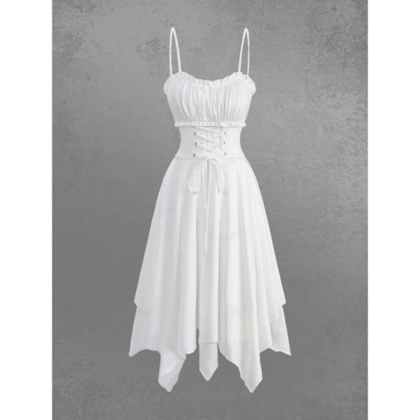 (white, 2XL) Rosegal Gothic Ruched Bust Lace Up Solid Asymmetric A Line Cami Dress