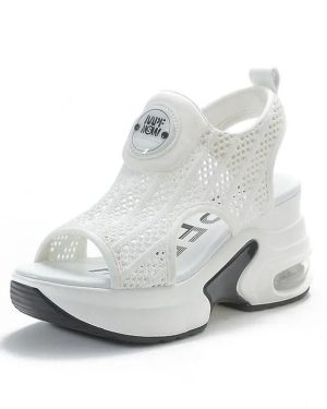 (white, 38) Air Mesh Breathable 8cm Women Sandals Comfortable Shoes Fashion Summer Fish Toe Platform Wedge High Hidden Heels Ladies