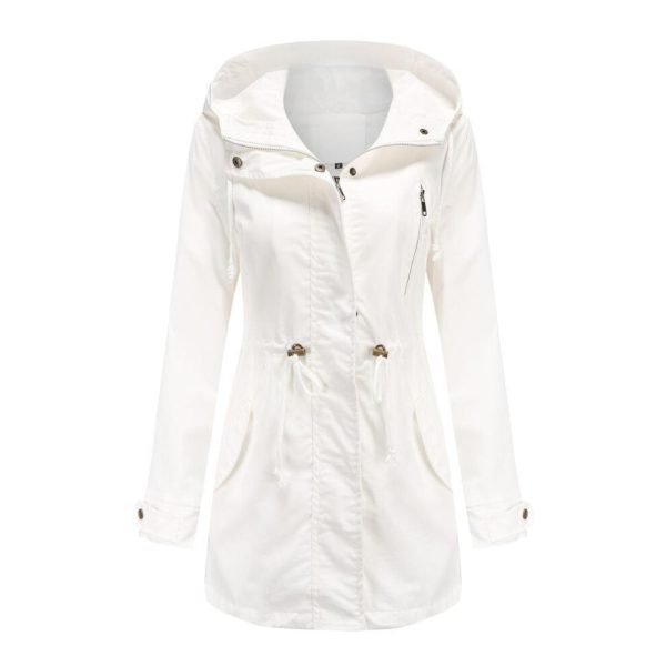 (white, 3XL) Women's Trench Coat Cotton Solid Color Hooded Zipper Windproof Long Jacket Drawstring Outdoor Hiking Windcheater Spring Autumn Winter Out