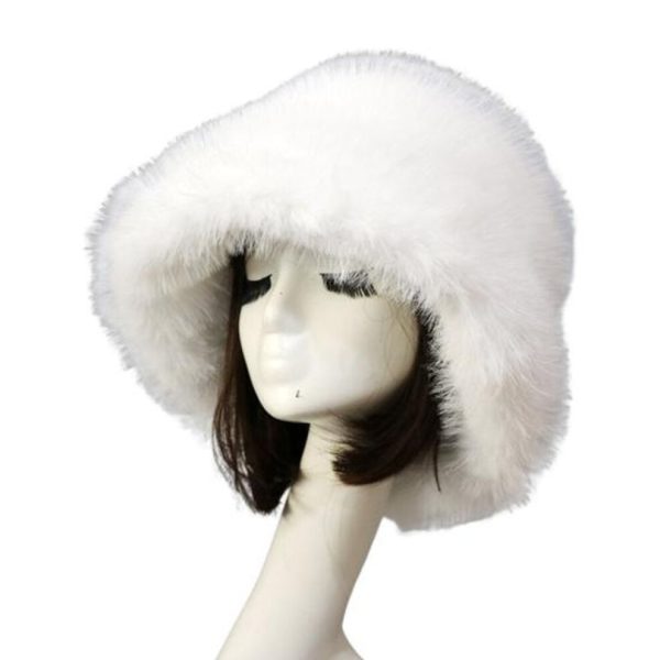 (white) Bucket Hat Oversized Fluffy Wide Brim Thickened Ear Soft Protection Faux Fur Winter