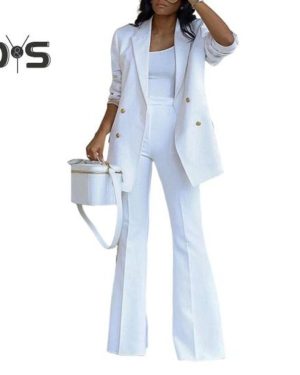 (white, L) 2 Pcs/Set Women Coat Pants Set Lapel Double-breasted Mid Length Cardigan Long Sleeve Jacket Wide Leg High Waist Straight Trousers Lady Form