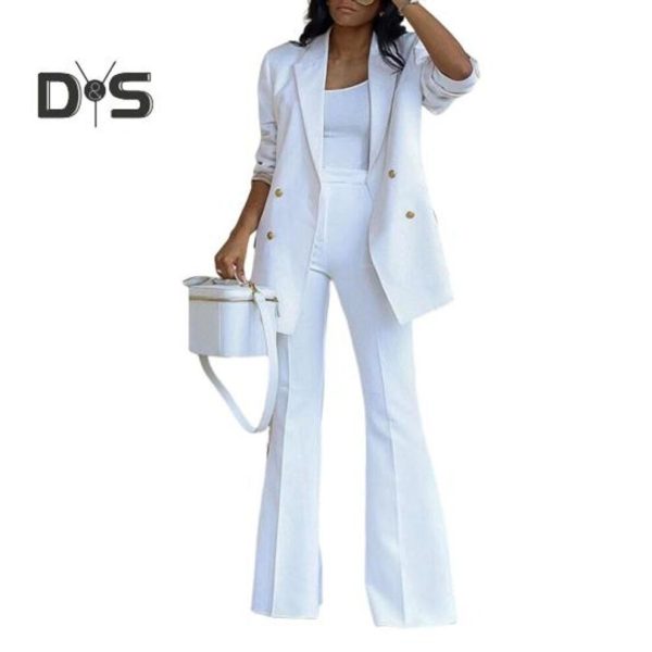 (white, L) 2 Pcs/Set Women Coat Pants Set Lapel Double-breasted Mid Length Cardigan Long Sleeve Jacket Wide Leg High Waist Straight Trousers Lady Form