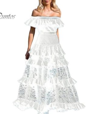 (white, L) Lady Bandeau Dress Hollow Out Off Shoulder Patchwork Flower Embroidery Maxi Dress Ruffle Lace Prom Party Wedding Dress
