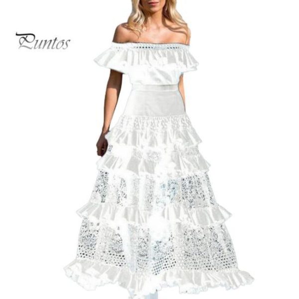 (white, L) Lady Bandeau Dress Hollow Out Off Shoulder Patchwork Flower Embroidery Maxi Dress Ruffle Lace Prom Party Wedding Dress