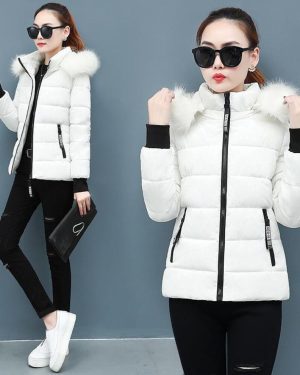 (white, L) Winter New Short Cotton Coat Slim Fit Thickened Large Wool Collar Cotton Coat Down Jackets