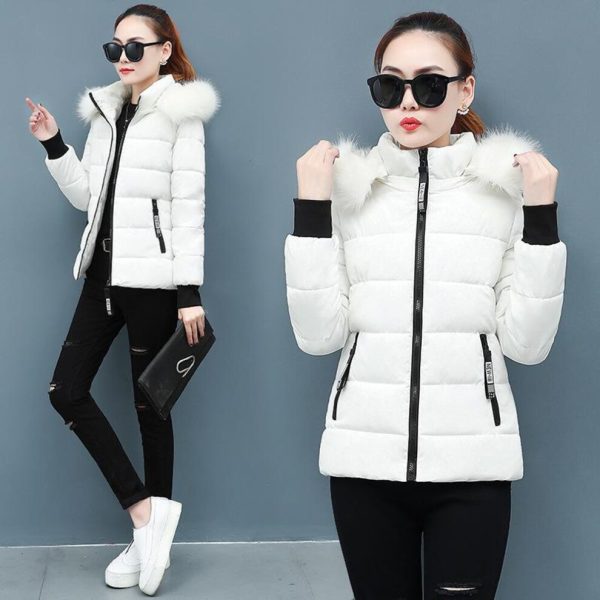 (white, L) Winter New Short Cotton Coat Slim Fit Thickened Large Wool Collar Cotton Coat Down Jackets